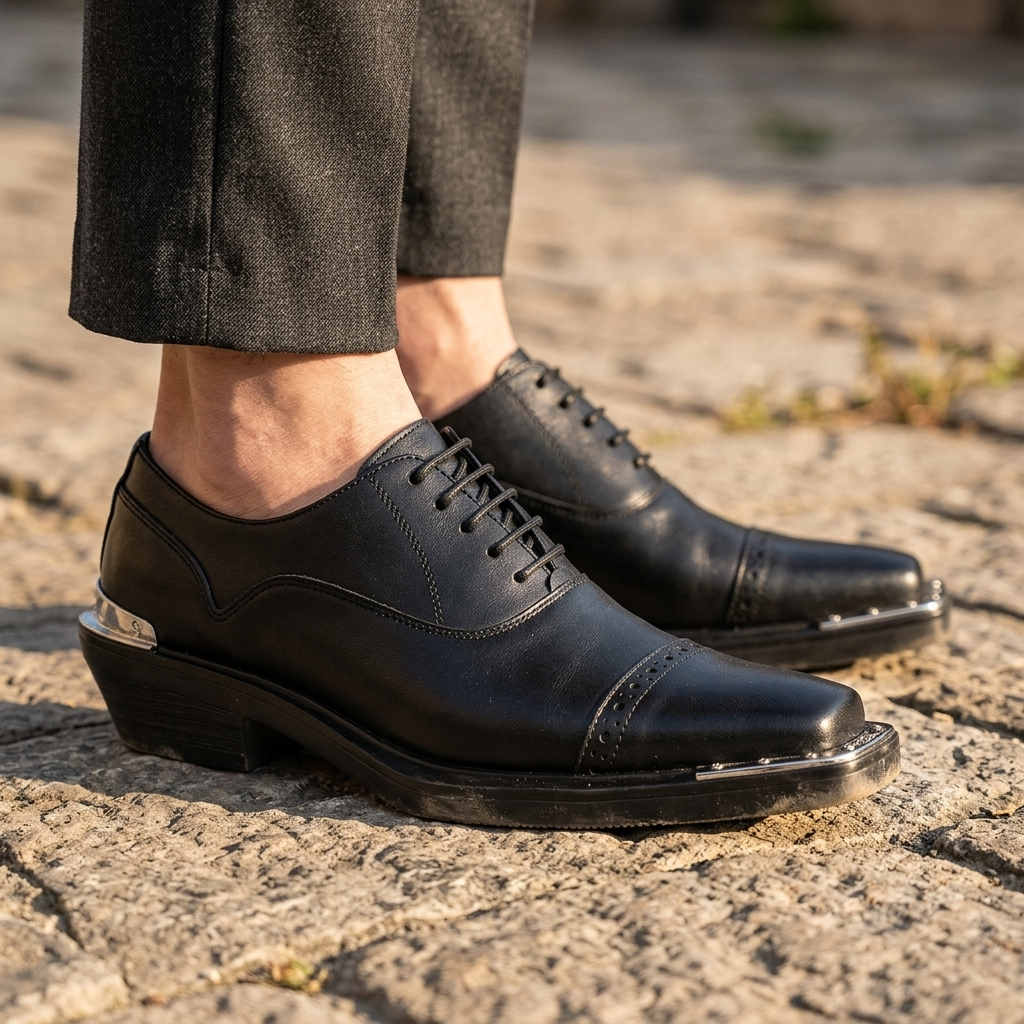 Detailopname van het hoogwaardige, glanzende leer en de precieze stiksels van de Casimir geklede herenschoenen.