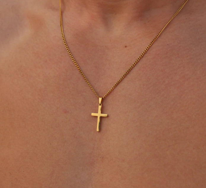 Gouden Heren Ketting met Kruis Hanger - RVS Schakelketting