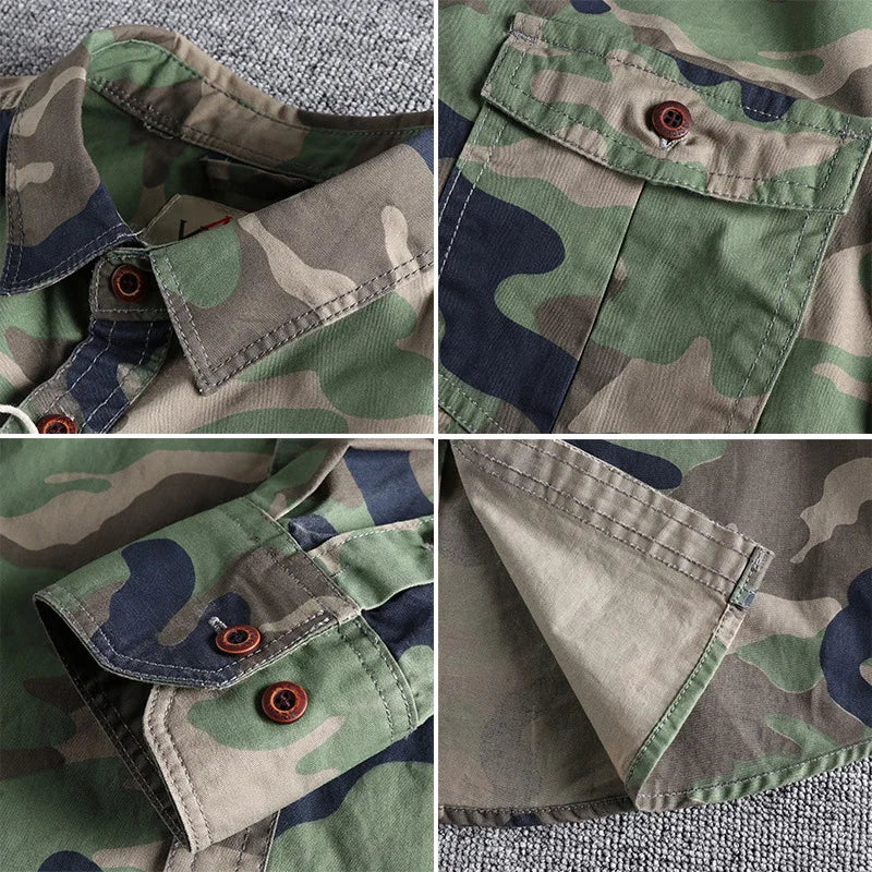 Levensstijlbeeld van het camouflage T-shirt gedragen door een man die relaxt zit, de veelzijdigheid van het ontwerp benadrukkend.