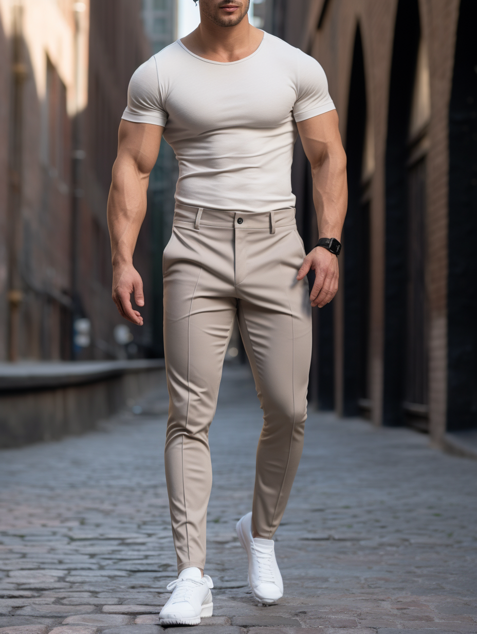 Een man die de strijkvrije Lennox broek draagt tijdens een wandeling, benadrukt het kreukvrije aspect en gemak.