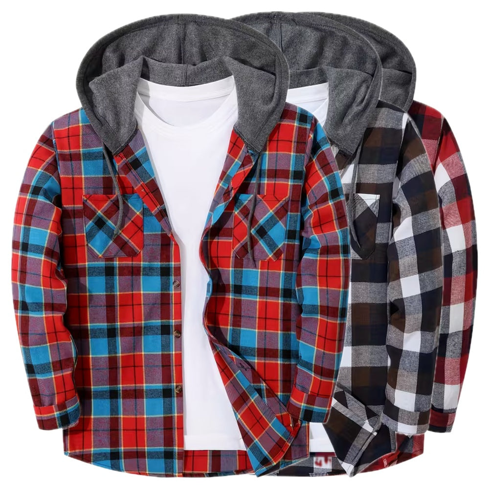 Close-up van de capuchon en schouder van het Wessel overhemd, met aandacht voor de afwerking.