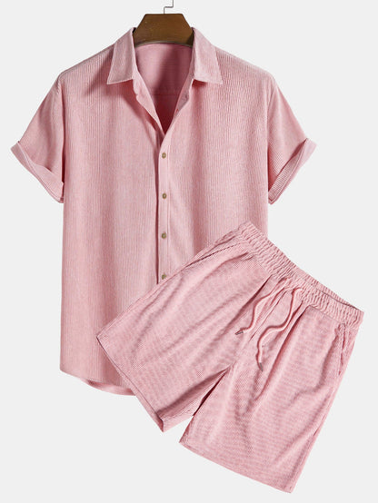 Korte Mouwen Corduroy Overhemd met Knopen & Shorts