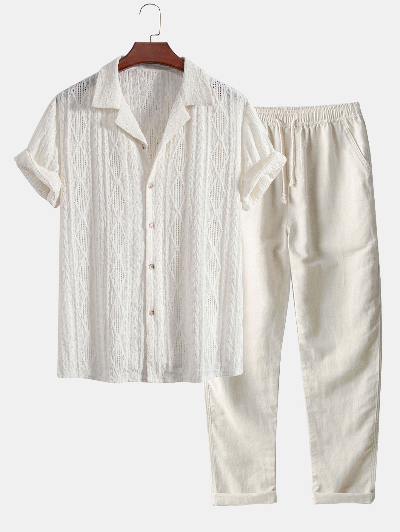 Geometrisch Jacquard Cubaanse Shirt & Rechte Linnen Broek