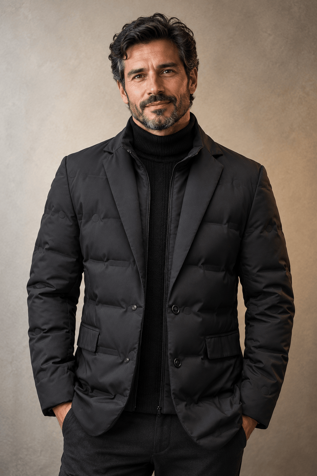 Ramon gevoerde blazer in het zwart, vooraanzicht, met gesloten knopen en opstaande binnenkraag voor een strakke look.
