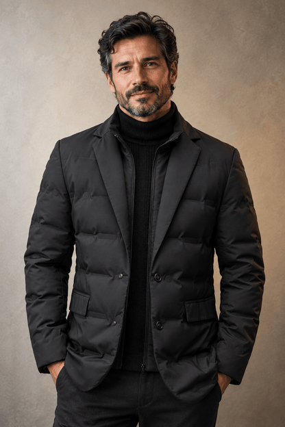 Ramon gevoerde blazer in het zwart, vooraanzicht, met gesloten knopen en opstaande binnenkraag voor een strakke look.