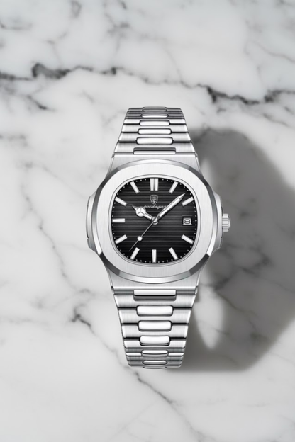 Luxe zilveren herenhorloge RVS met zwarte wijzerplaat en zakelijk design