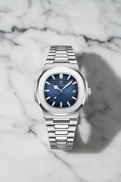 Luxe zilveren herenhorloge RVS met diepblauwe geribbelde wijzerplaat en datum