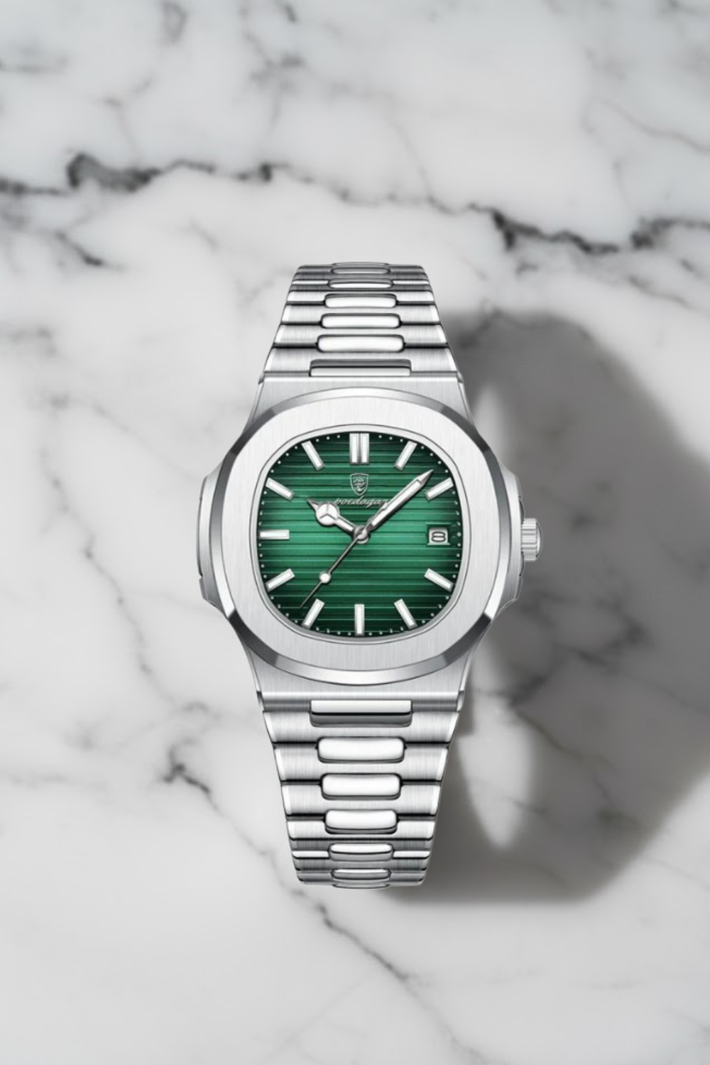 Luxe zilveren herenhorloge RVS met smaragdgroene wijzerplaat en datum