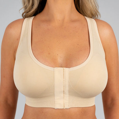 Beige high-support sport bh met voorsluiting en brede bandjes voor maximale steun