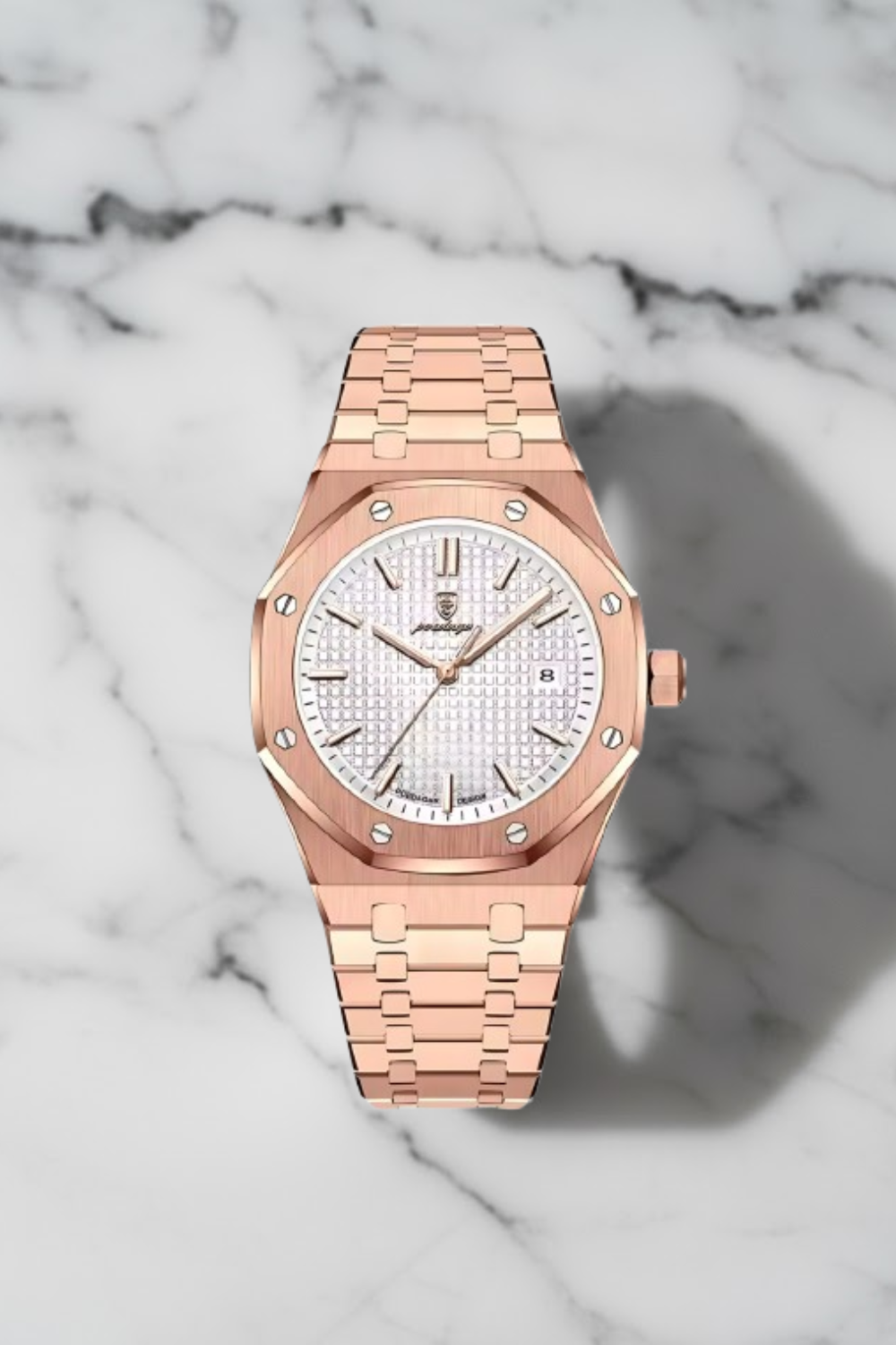 Luxe rosegouden herenhorloge RVS met witte wafelpatroon wijzerplaat en achthoekig design