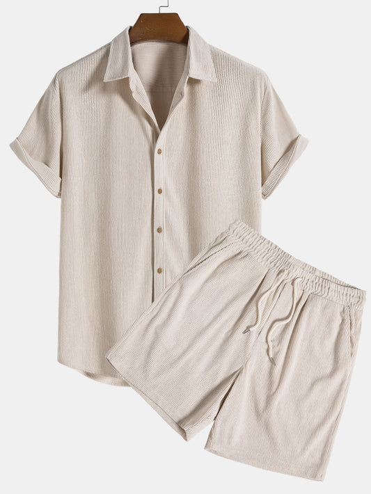 Korte Mouwen Corduroy Overhemd met Knopen & Shorts