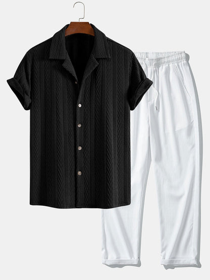 Textuur Jacquard Cubaanse Shirt & Kreukel Textuur Rechte Pantalon