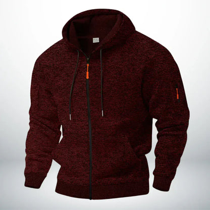 Close-up van de volledige ritssluiting en de geborstelde binnenkant van de warme Sebastiaan katoenen hoodie.