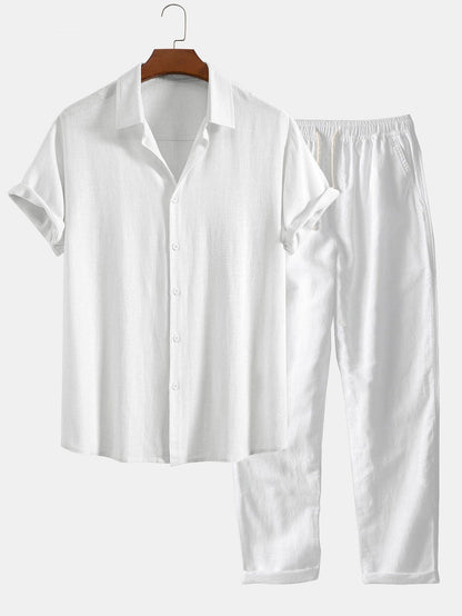 Linnen Rayon Mix Knopen Shirt & Rechte Pijpen Linnen Broek