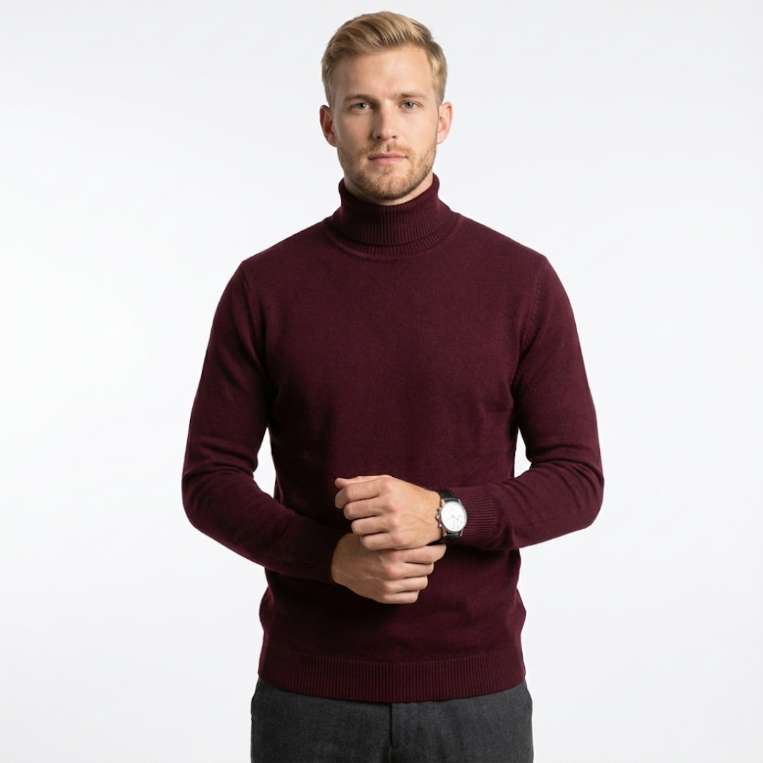 Luxe fijngebreide coltrui met hoge hals in bordeaux