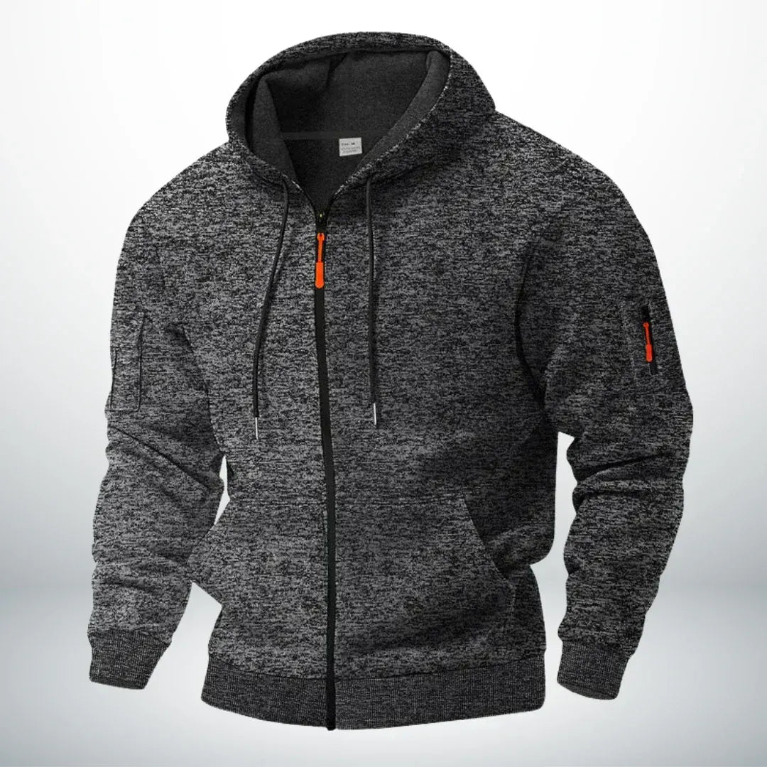 Achteraanzicht van de Sebastiaan robuuste katoenen hoodie met rits, met focus op de schone, gestructureerde pasvorm.