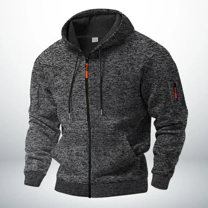 Achteraanzicht van de Sebastiaan robuuste katoenen hoodie met rits, met focus op de schone, gestructureerde pasvorm.