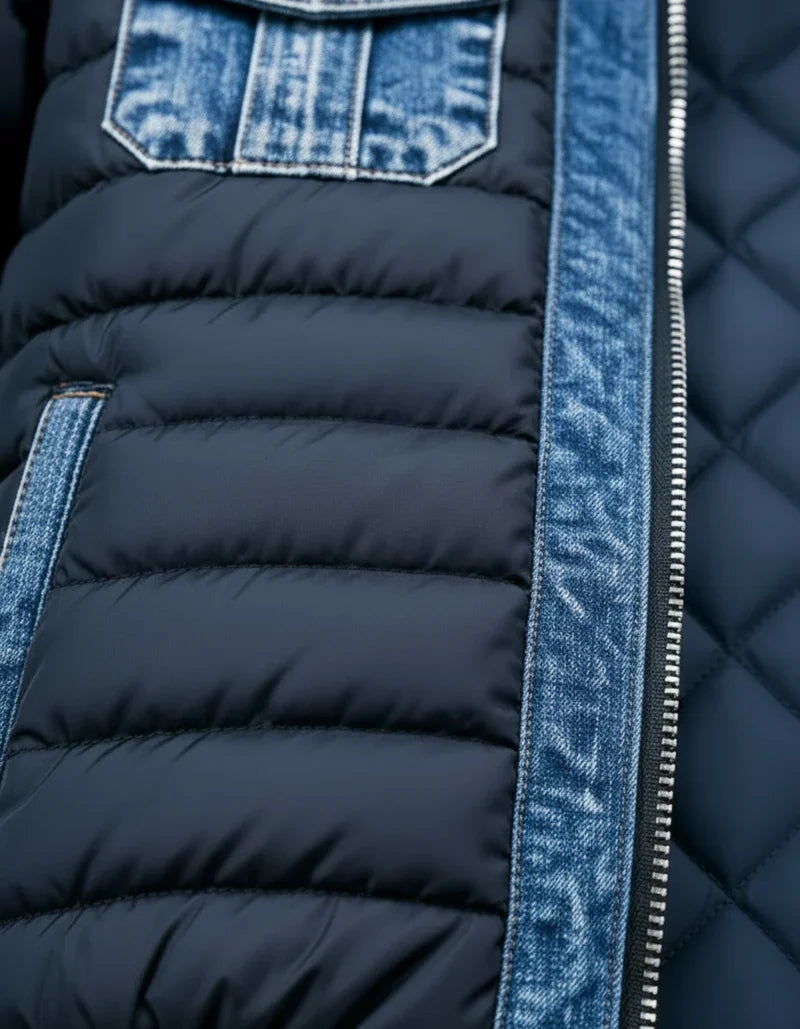 Close-up van de textuur van de premium denim stof van de gevoerde jas, met aandacht voor de knoopdetails.