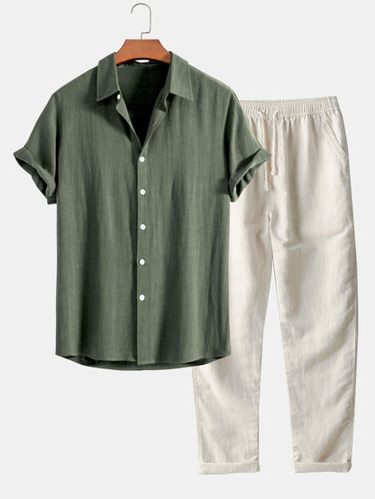 Linnen Rayon Mix Knopen Shirt & Rechte Pijpen Linnen Broek