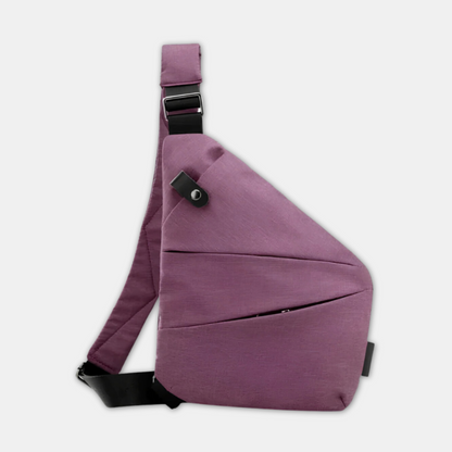 paarse waterdichte anti-diefstal crossbody tas met verborgen ritsen, snijbestendig materiaal en RFID-bescherming rechtshandig