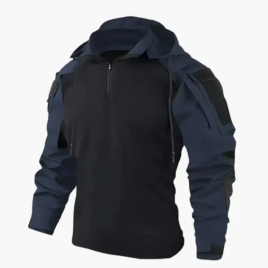 De Arne hoodie in grijze kleur, plat gelegd om de algemene snit en de praktische zakken te benadrukken, close-up van de voorkant.