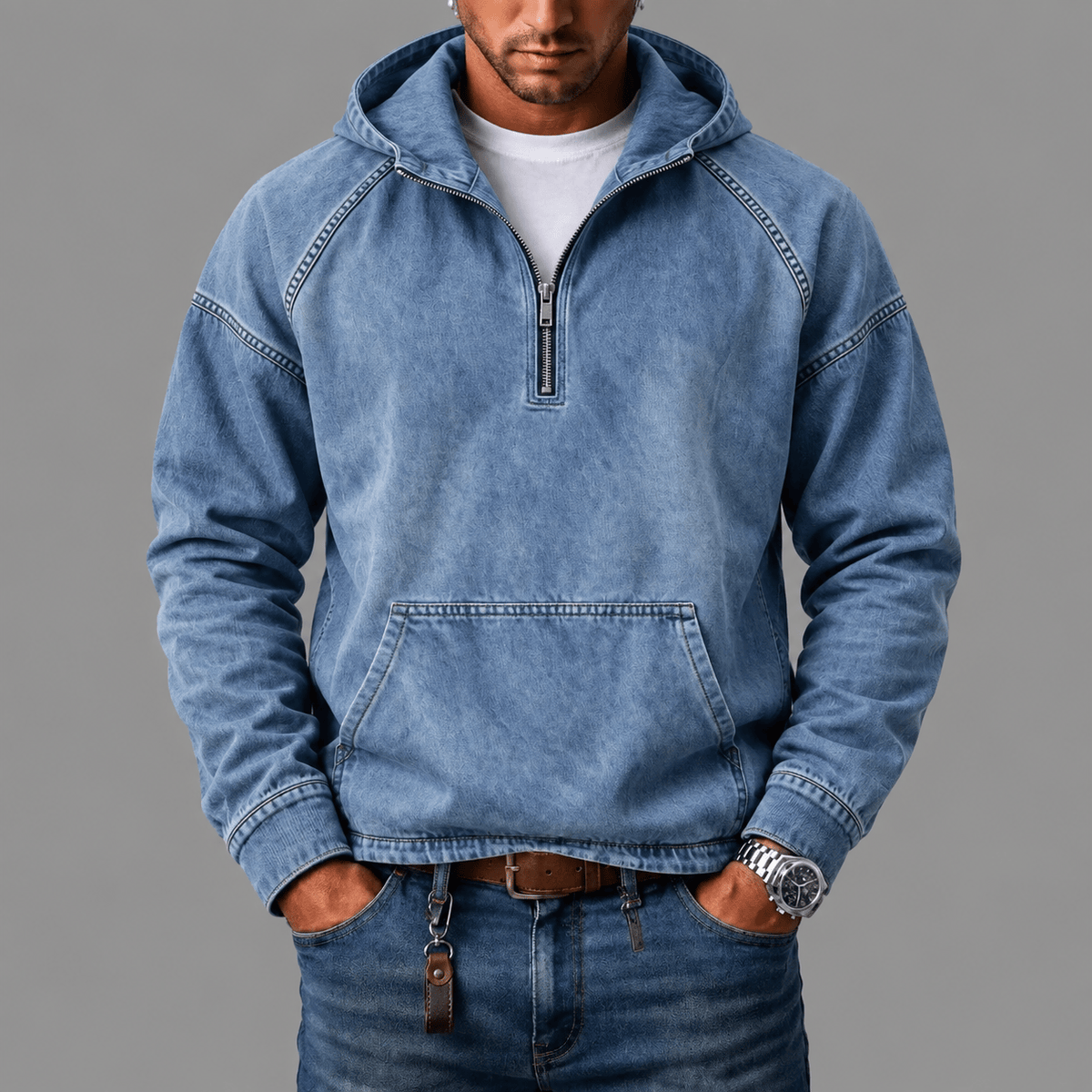 Man wandelt met de Dion hoodie in paars, gecombineerd met jeans, voor een complete casual outfit.