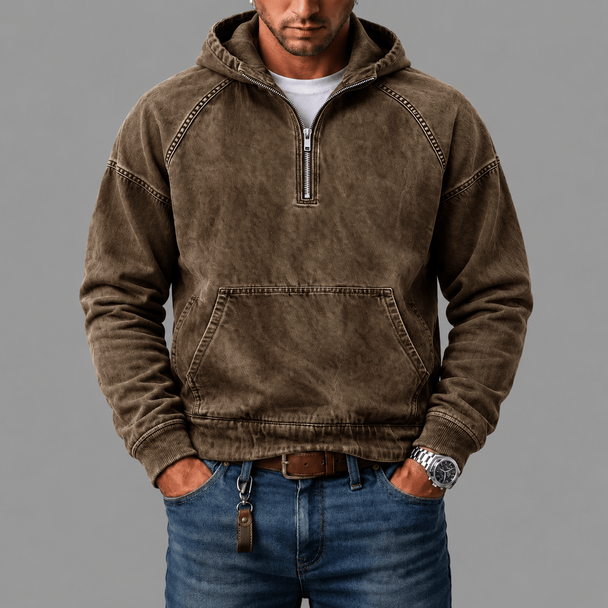 Detail van het label aan de binnenkant van de Dion denim hoodie, met zorginstructies in het Nederlands.