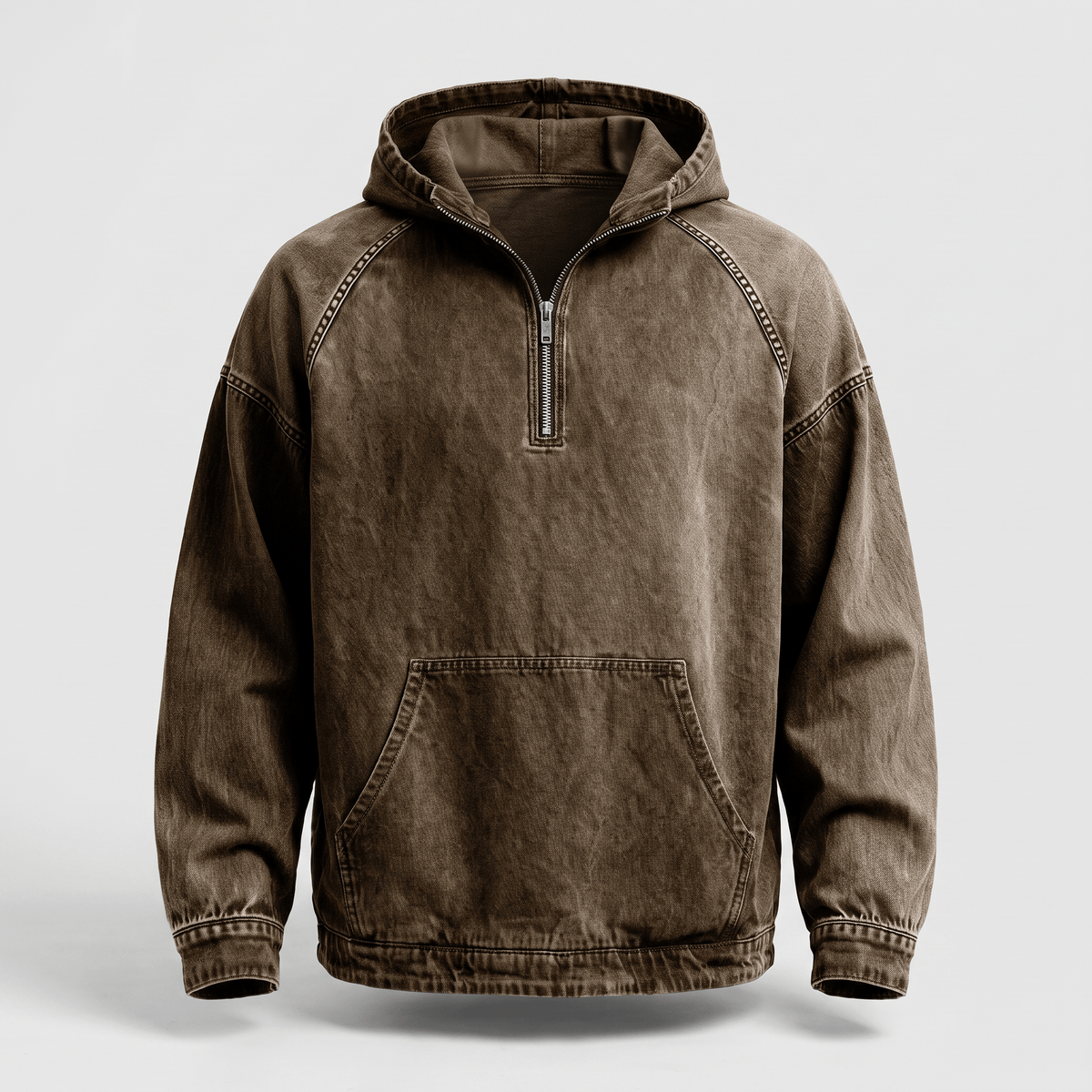 Achterkant van de Dion denim hoodie in rose rood, met de gladde rug en capuchonstructuur.