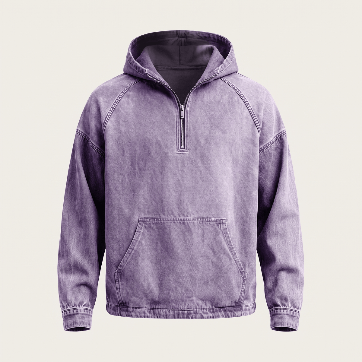 De Dion hoodie in beige wit, van bovenaf gefotografeerd, met focus op de ruime capuchon.