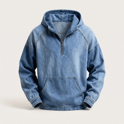 Zijaanzicht van de stijlvolle Dion hoodie in paars, waarbij de raglanmouwen en de pasvorm duidelijk zichtbaar zijn.