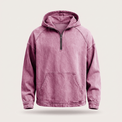De Dion hoodie in navy blauw, hangend aan een hanger, met nadruk op de schone lijnen en vorm.