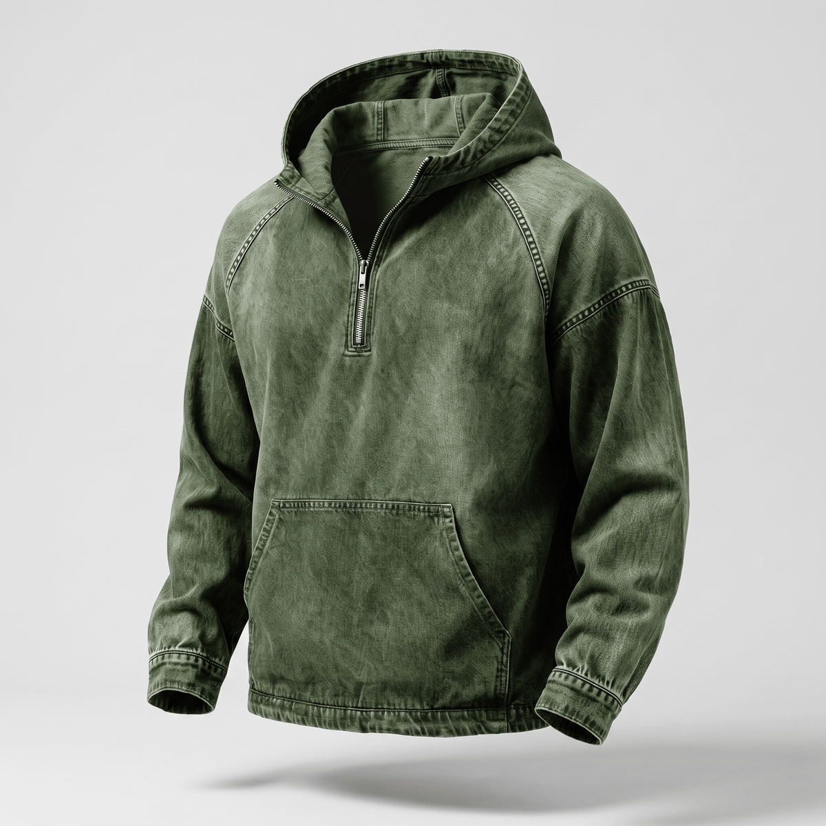 Gedetailleerde weergave van de denim boord aan de zoom van de Dion hoodie, toont de kwaliteit.