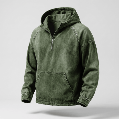 Gedetailleerde weergave van de denim boord aan de zoom van de Dion hoodie, toont de kwaliteit.