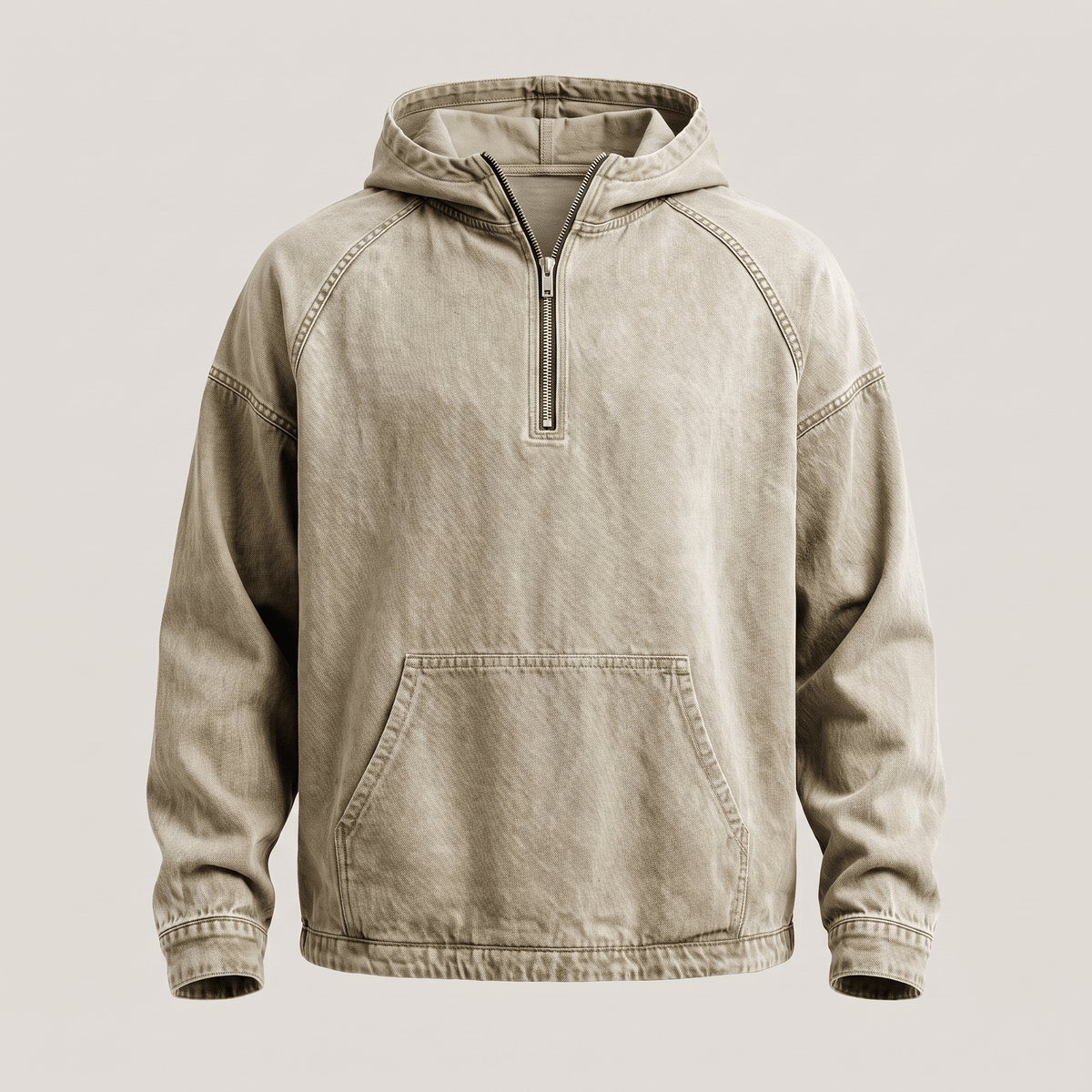 Man in de Dion hoodie in army groen, staand in een stedelijke omgeving, toont de veelzijdigheid.