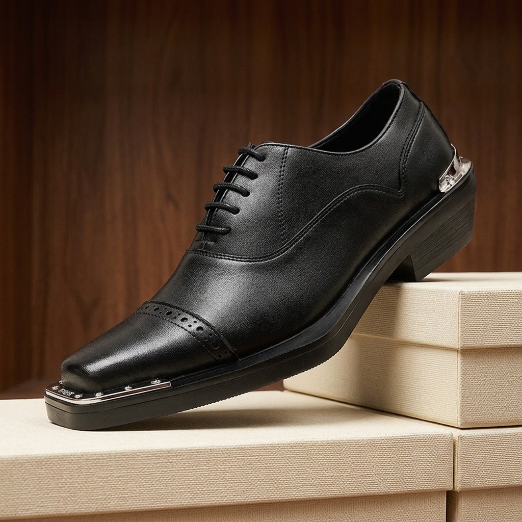 Bovenaanzicht van de elegante bruine Casimir leren geklede herenschoenen, die de vetersluiting en perforaties benadrukken.
