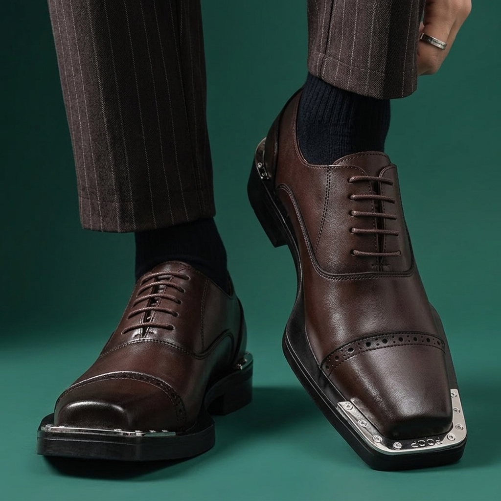 Zwarte Casimir leren geklede herenschoenen, detail van de metallic afwerking en de metalen accenten op de vierkante neus.