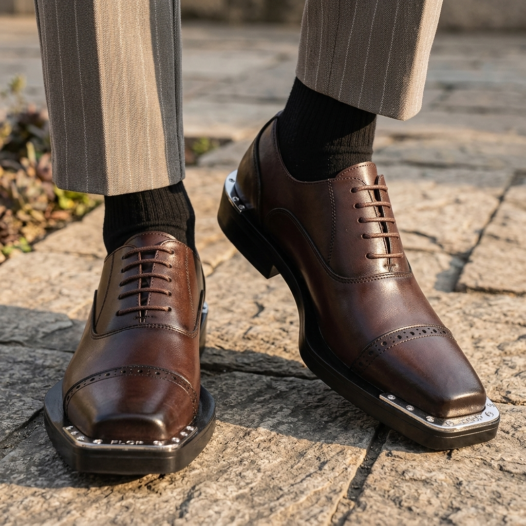 Zijprofiel van de Casimir leren geklede herenschoen, met de gestructureerde statement buitenzool en ergonomisch comfort.