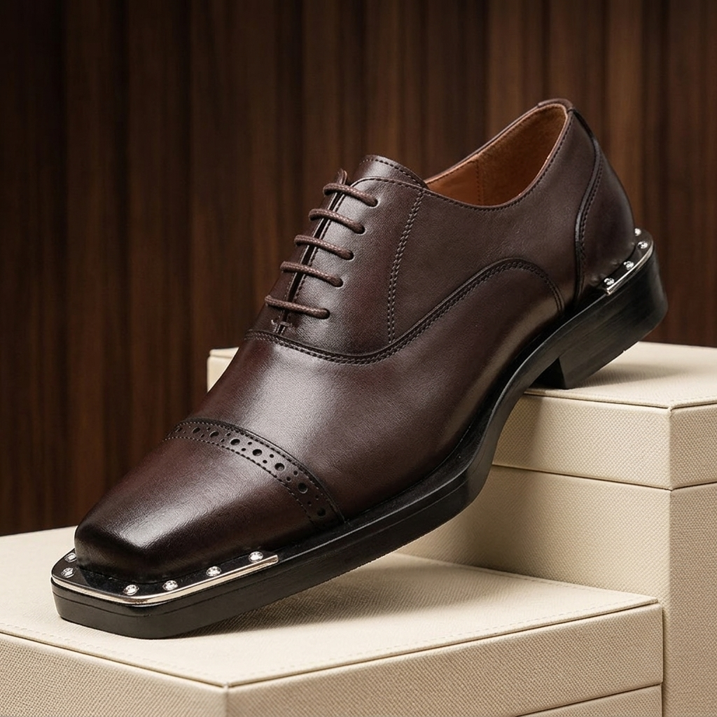 Casimir leren geklede herenschoenen in bruin, vooraanzicht met retro vetersluiting en fijne brogue perforaties.