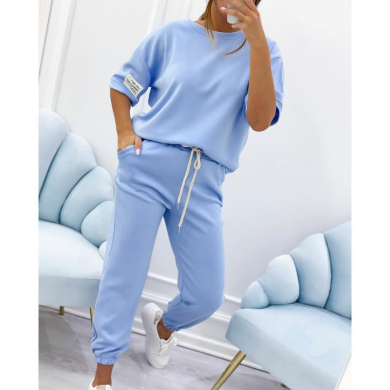 Dames Casual Huispak Set - Comfortabele Effen Top & Broek Loungekleding