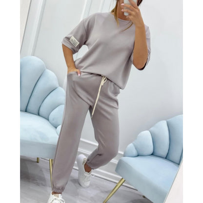 Dames Casual Huispak Set - Comfortabele Effen Top & Broek Loungekleding