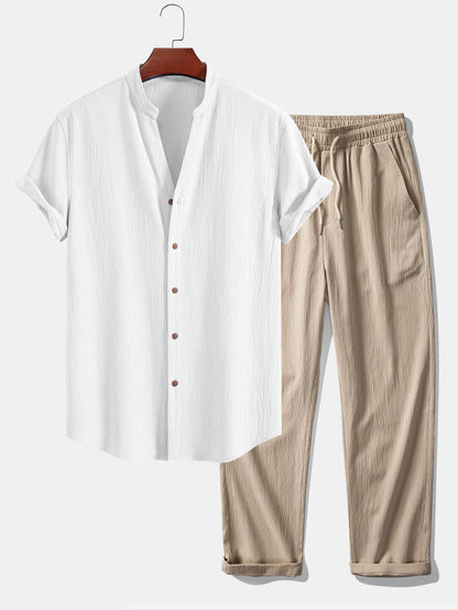 Gerimpelde textuur<tc>rood</tc> V-hals shirt &amp; kreuk textuur<tc>rood</tc> Rechte broek
