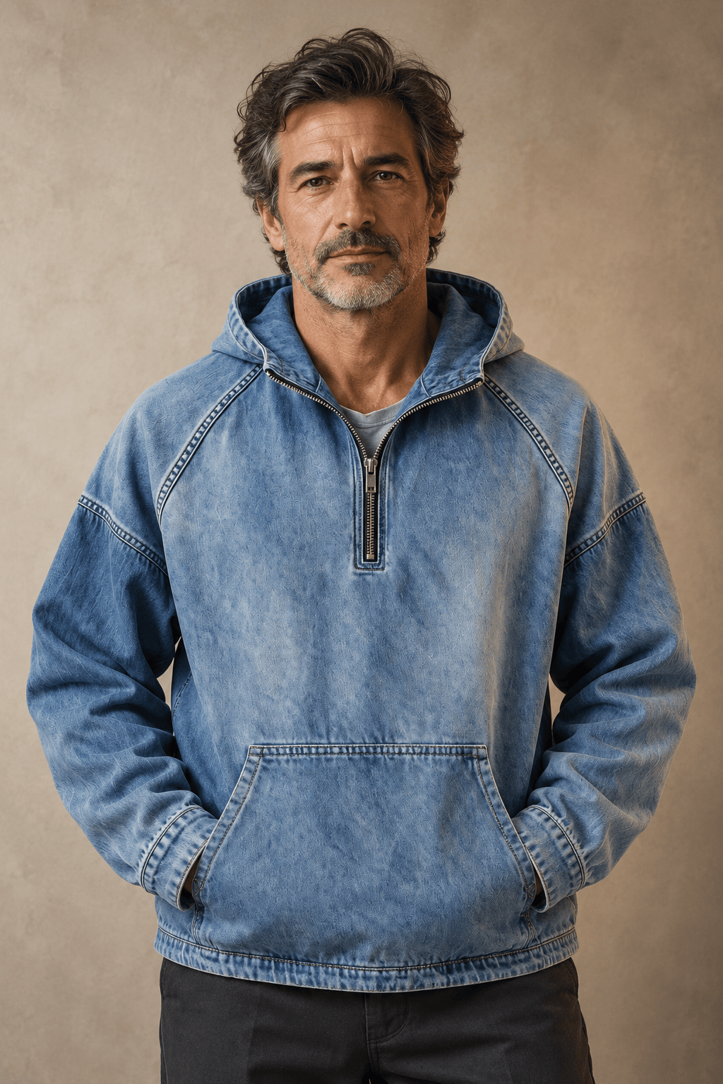 Vooraanzicht van de Dion denim hoodie in lichtgroen, met de halve ritssluiting gesloten en capuchon.