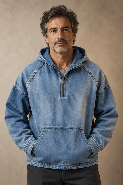 Vooraanzicht van de Dion denim hoodie in lichtgroen, met de halve ritssluiting gesloten en capuchon.