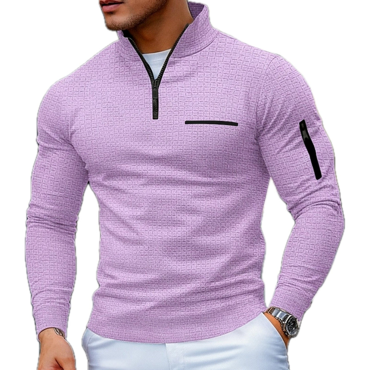 Detailopname van de unieke textuur en de quarter-zip halslijn van de stijlvolle sweater.