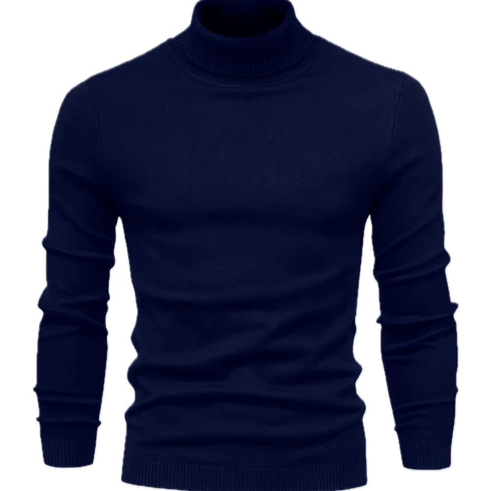 Blauwe heren sweater met effen kleur, gepresenteerd in een zij-aanzicht, ideaal voor gelaagde outfits.