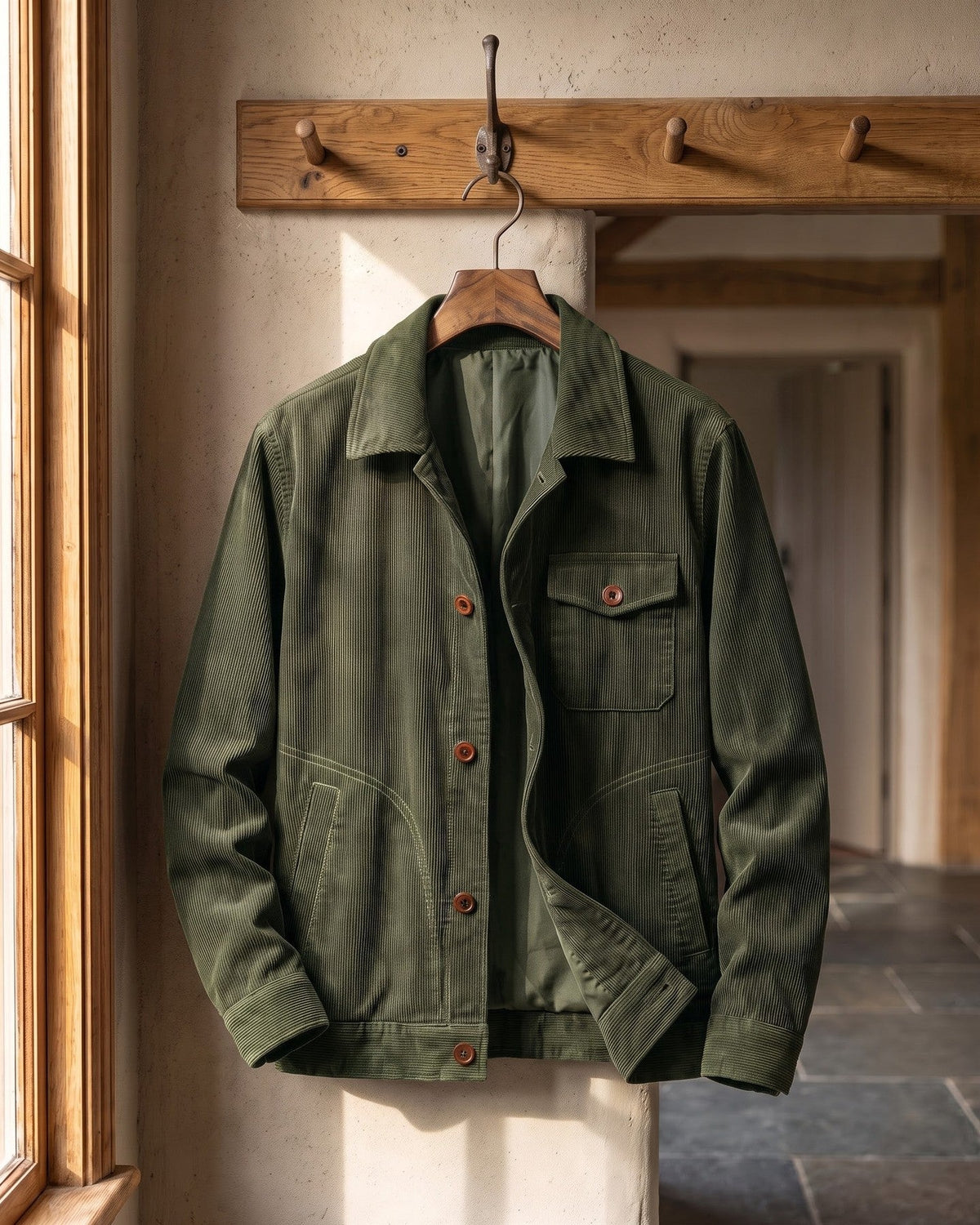 Detailopname van de borstzak en de fijne ribbels van de corduroy stof op de legergroene jas.