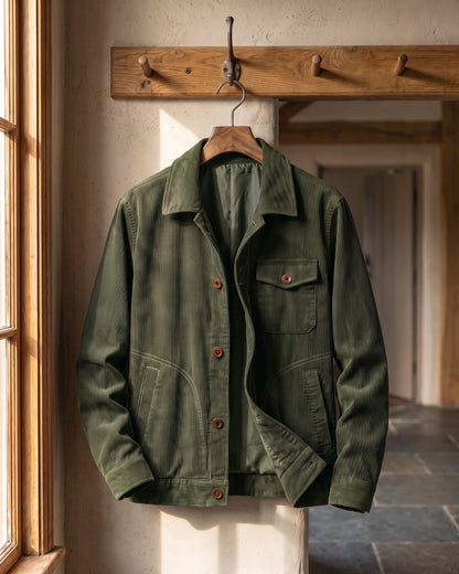 Detailopname van de borstzak en de fijne ribbels van de corduroy stof op de legergroene jas.
