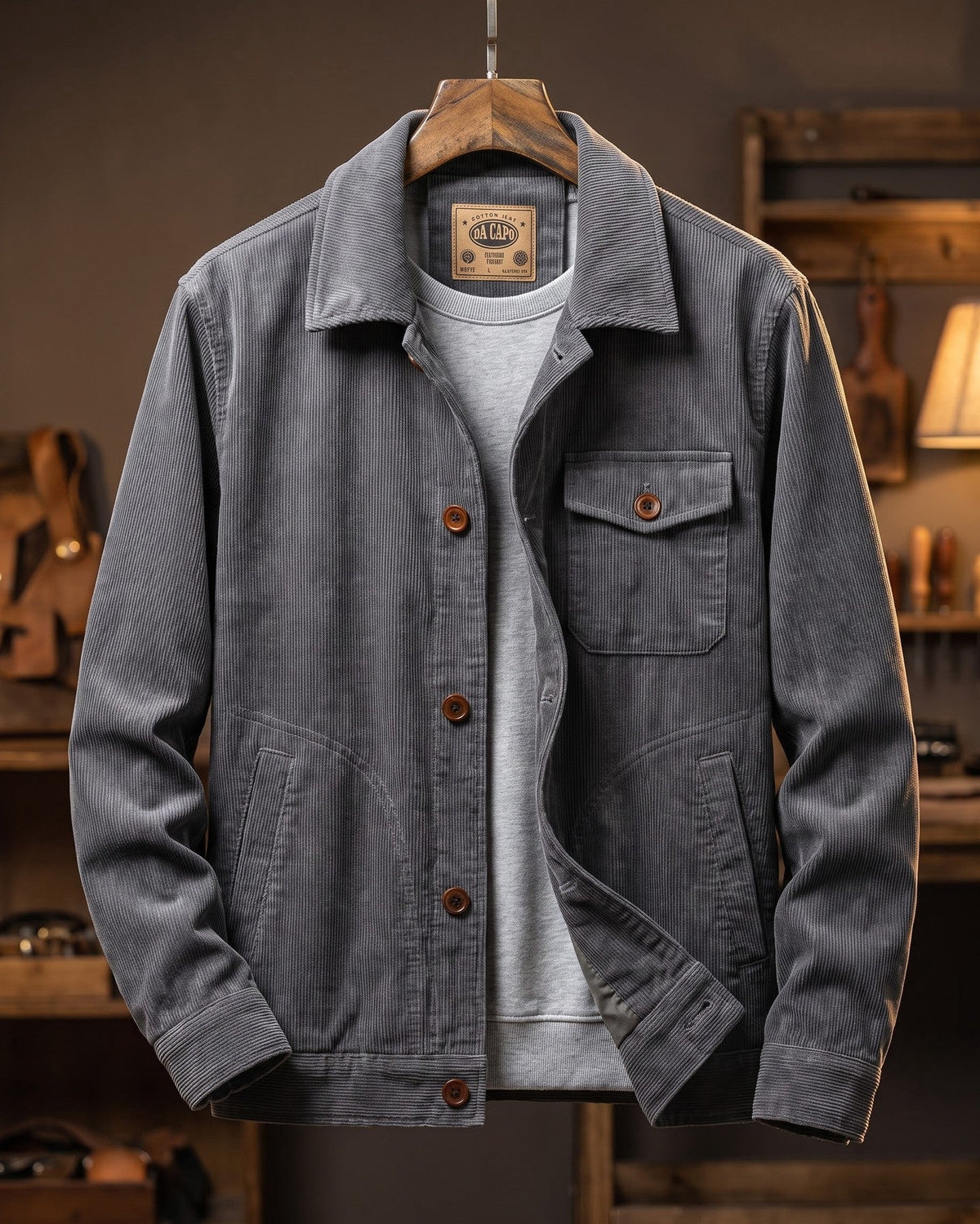 De khaki corduroy jas plat gelegd, toont de uniforme kleur en het vakmanschap van het kledingstuk.