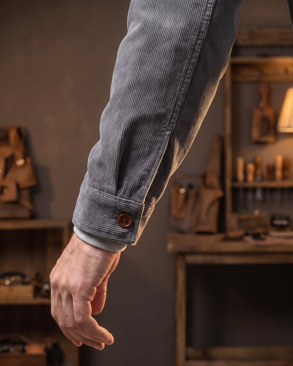 Een man draagt de grijze corduroy jas over een wit T-shirt, casual en toch verzorgd.
