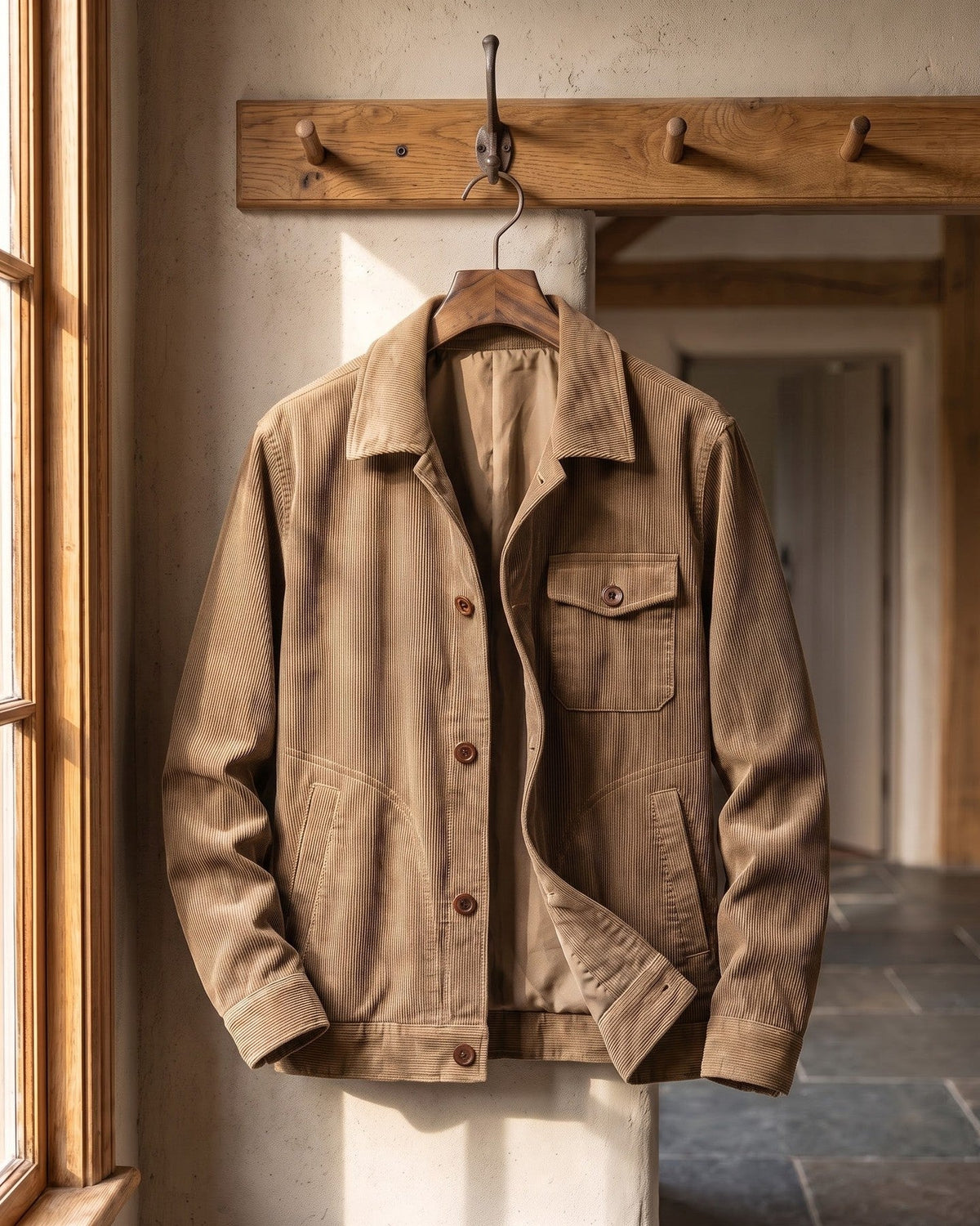 Zijaanzicht van de khaki corduroy jas, waarbij de relaxte pasvorm en structuur goed uitkomen.